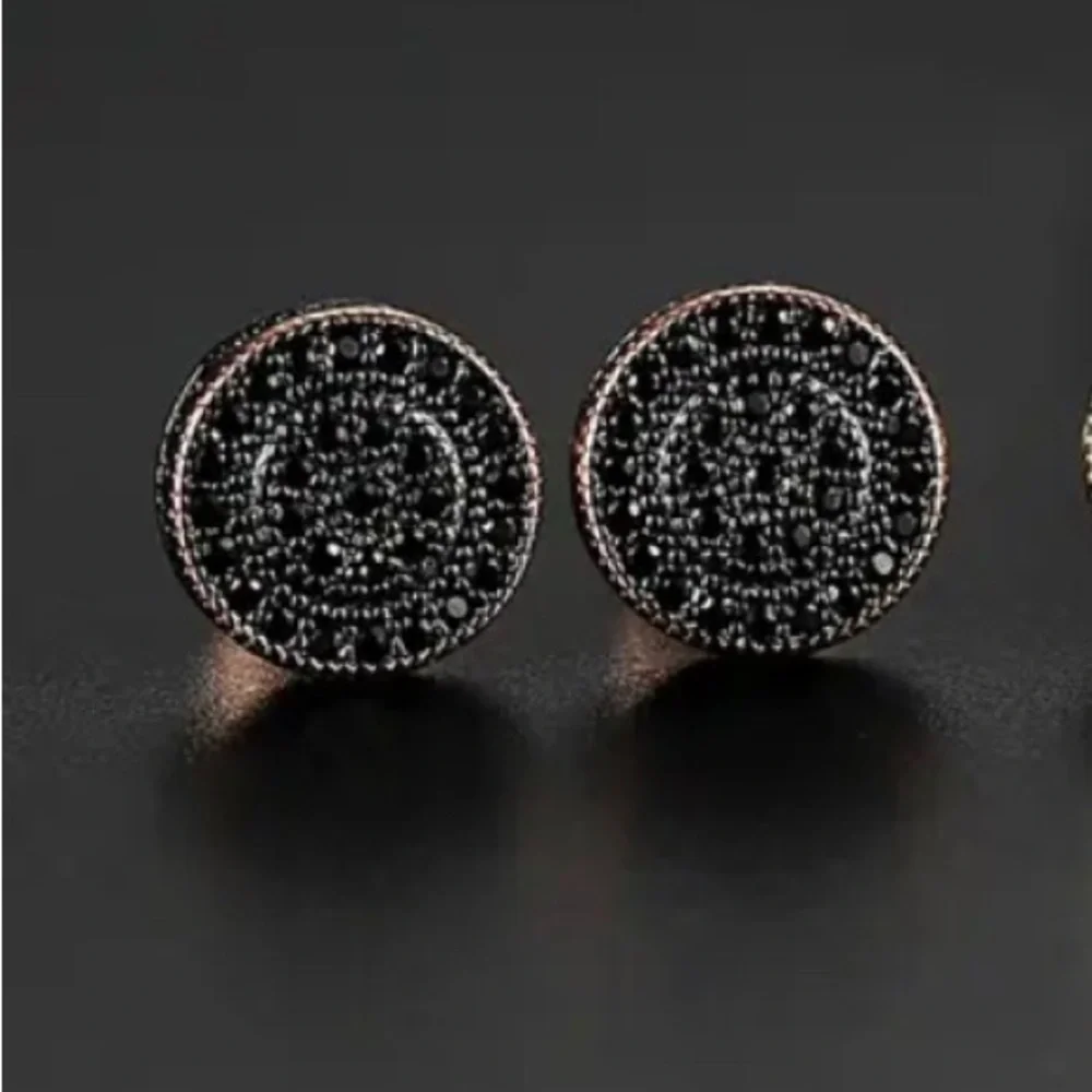 Small Round Black and Gold Stud Earrings for Women - Picture 3 of 5